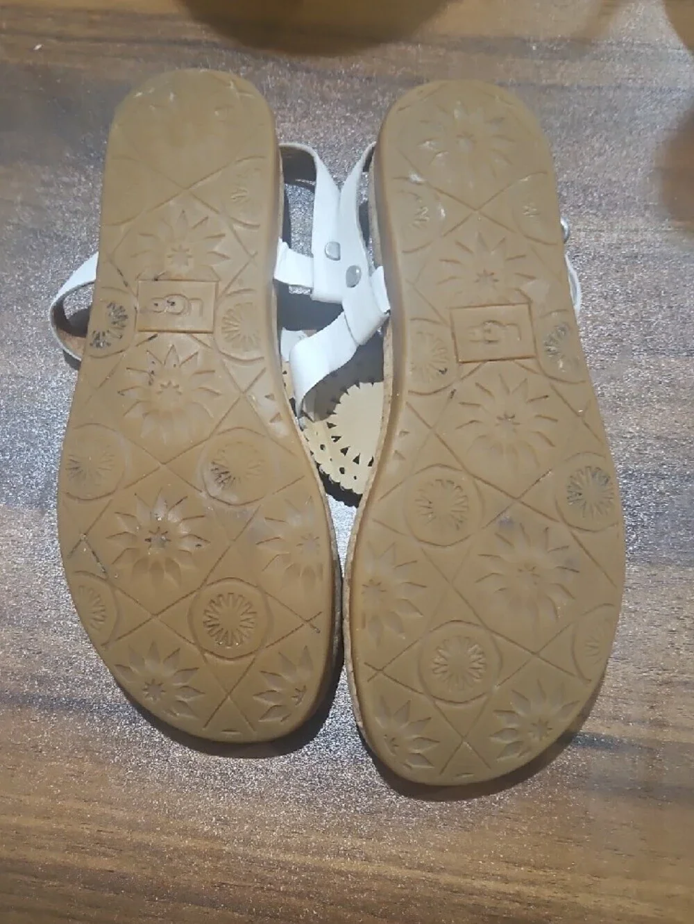 UGG White Leather Cork Thong Sandals with Medallion